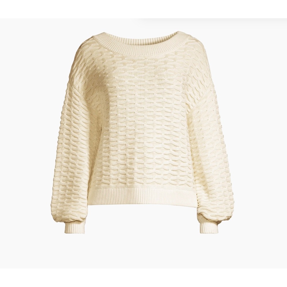 SANCIA Cream Textured Knit Sweater Size M Cotton Viscose Balloon Sleeve Pullover